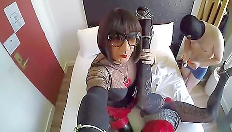 Horny brunette in a dress is getting dressed and facial