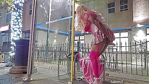 Blonde fucks in her private bus stop with her new toy