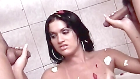 Brunette teen is getting fucked hard in a threesome